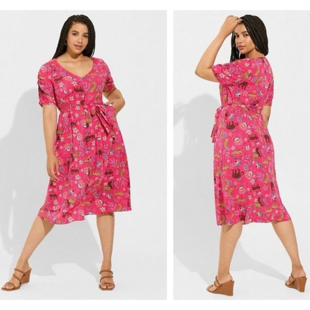 New Torrid Midi Rayon Slub Button Front Tie Dress in Leopard Pink - Size 00/M